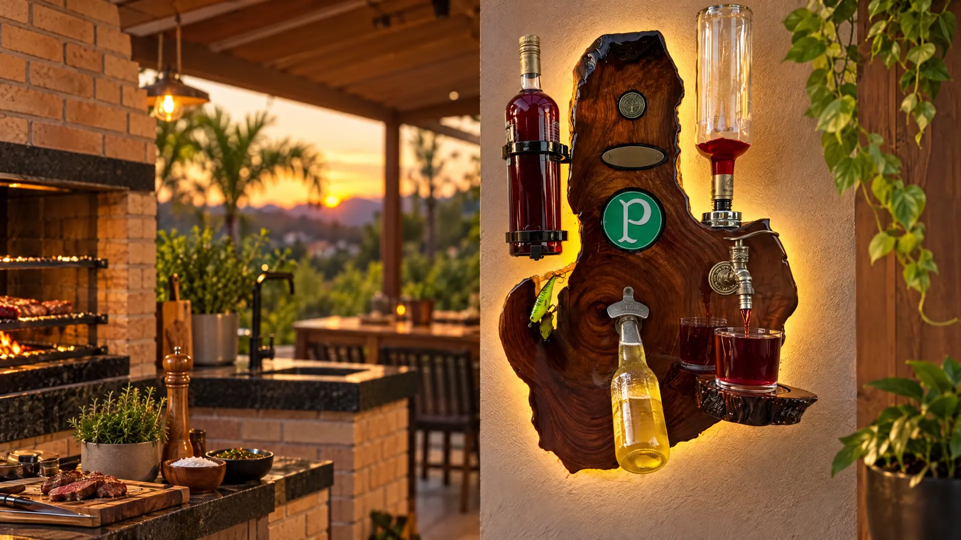 Bar Homem Nobre instalado e iluminado em uma área gourmet